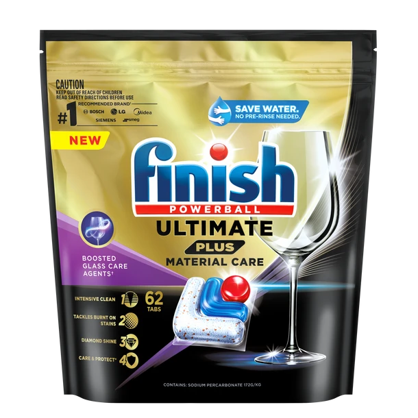 Finish Ultimate Plus 62 Dishwasher Tablets - Intensive Clean for Glassware & Cutlery, Eco-Friendly, Wrapper-Free, 65°C Fast Cycle