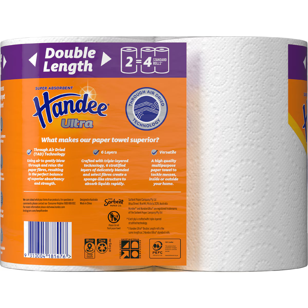 Handee Ultra Paper Towel White - 2 Pack, 120 Sheets - Super Absorbent & Strong