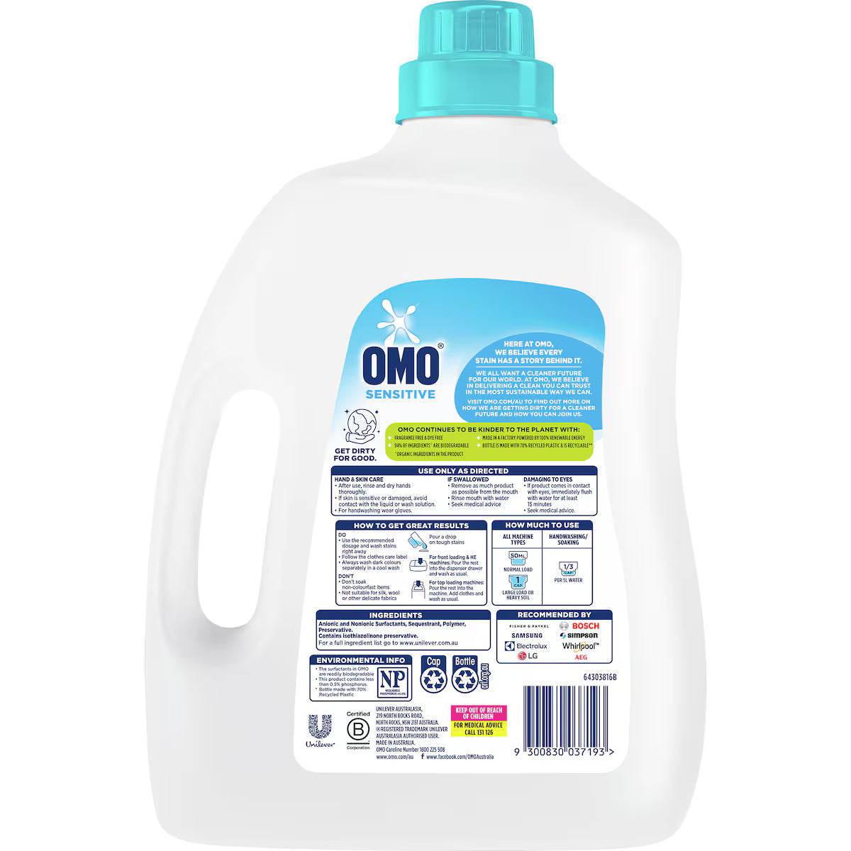 Omo Sensitive Laundry Liquid 4L | Gentle on Skin, Tough on Stains, Dermatologically Tested