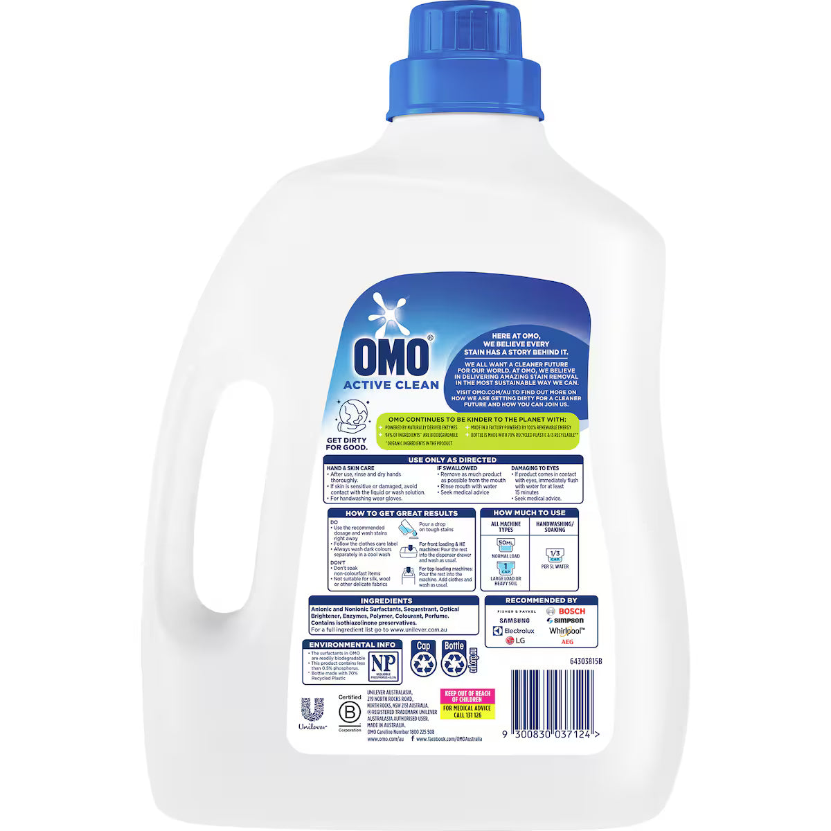 Omo Active Clean Laundry Liquid 4L | Powerful Stain Removal, Long-Lasting Freshness, Suitable for All Machines