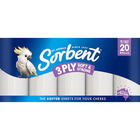 Sorbent Toilet Tissue White - 20 Pack, 3 Ply - Extra Soft & Thick