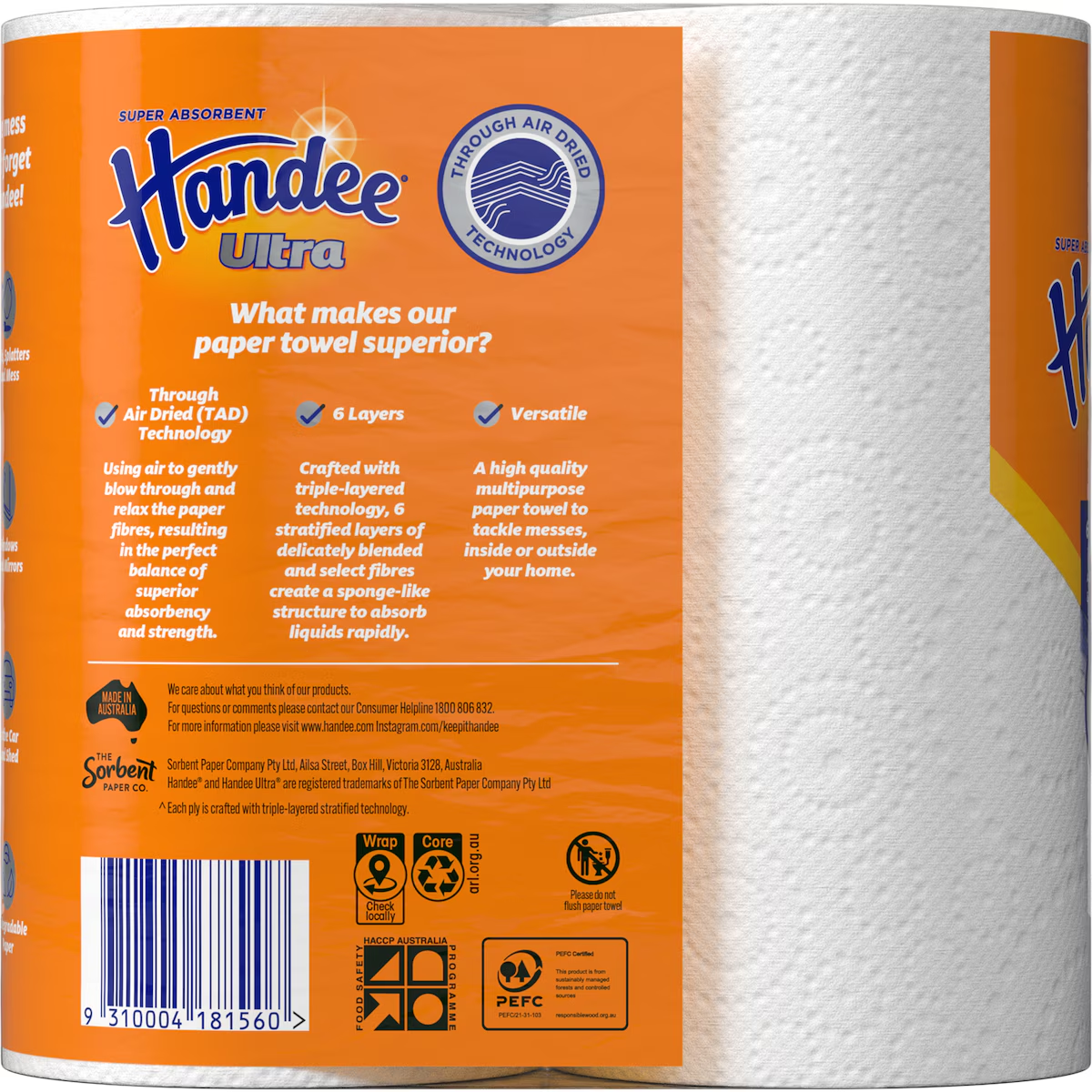 Handee Ultra Paper Towel White - 2 Pack, 120 Sheets - Super Absorbent & Strong