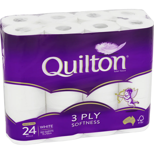 Quilton Toilet Tissue White - 3 Ply, 24 Pack, 180 Sheets - Soft & Thick